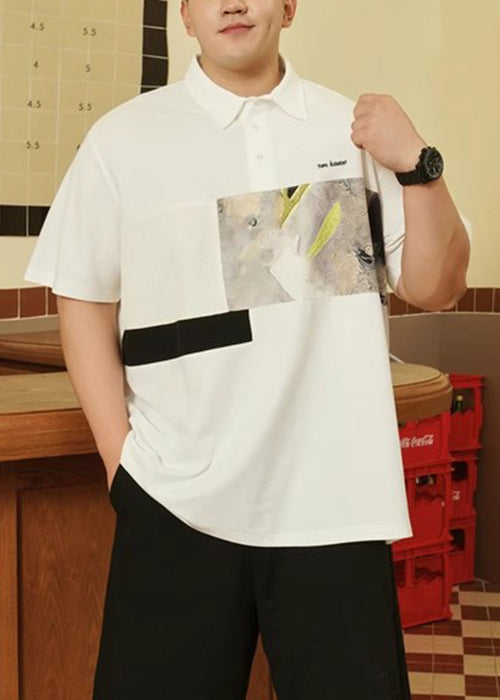 Plus Size Black Print Button Cotton Men Polo Shirt Summer