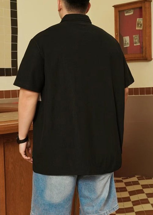 Plus Size Black Print Button Cotton Men Polo Shirt Summer