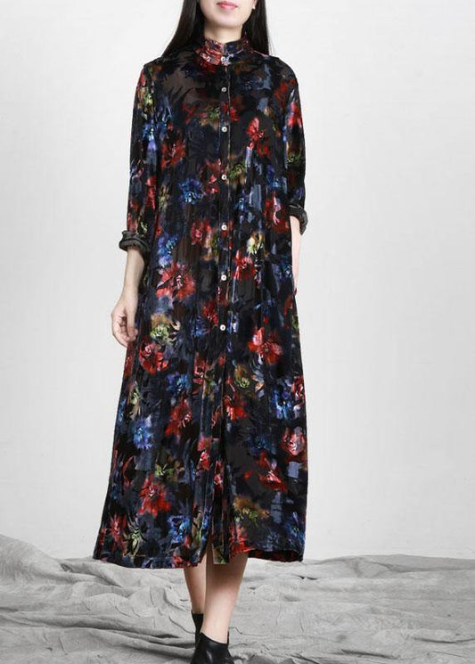 Plus Size Black Print Button Pockets Vacation Dresses Fall - SooLinen