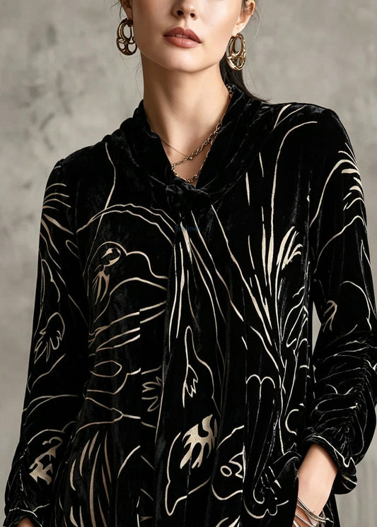 Plus Size Black Print Silk Velour Tops Long Sleeve