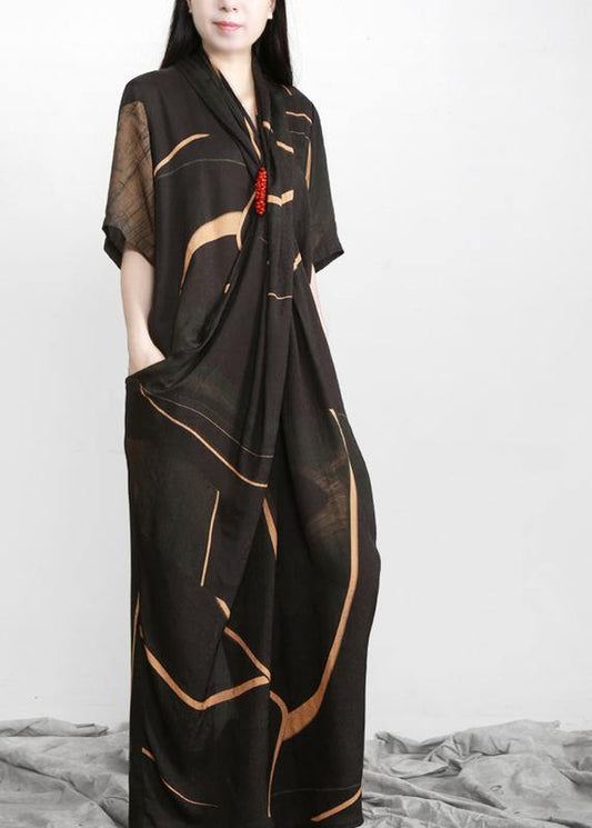 Plus Size Black Print Tencel Asymmetric Dress - SooLinen