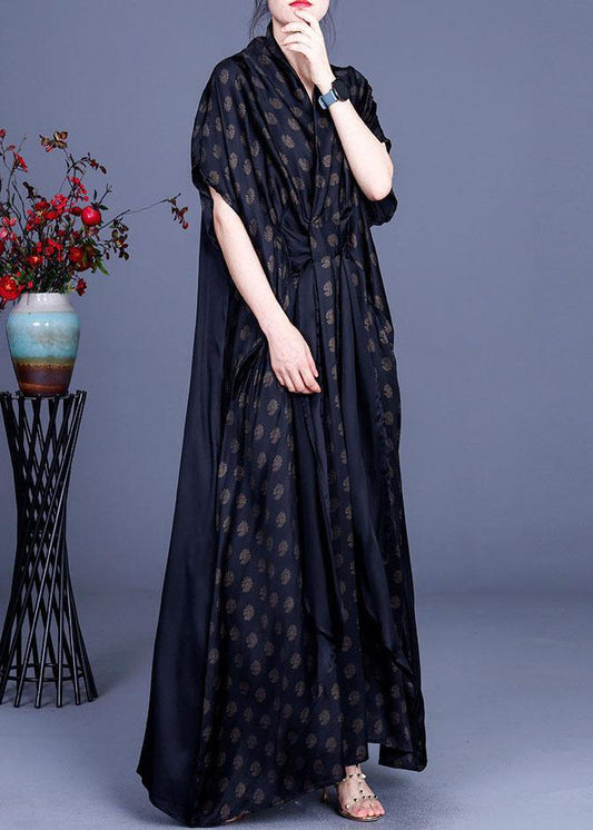 Plus Size Black Print V Neck asymmetrical design Silk Vacation Dresses Summer - SooLinen