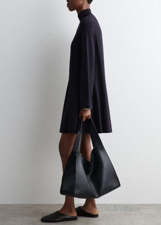 Plus Size Black Stand Collar Knit Day A Line Dress Fall