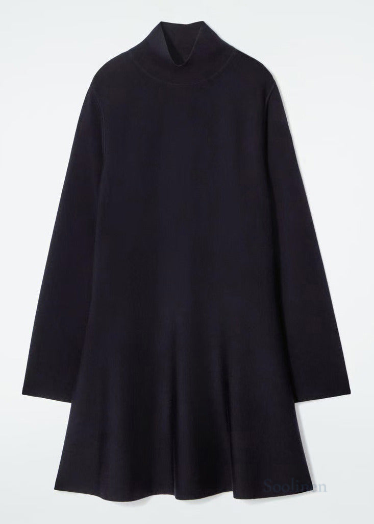 Plus Size Black Stand Collar Knit Day A Line Dress Fall