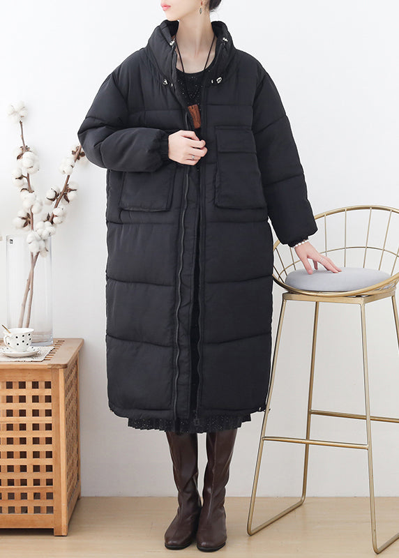 Plus Size Schwarzer Stehkragen Reißverschluss Dicker Langer Parka