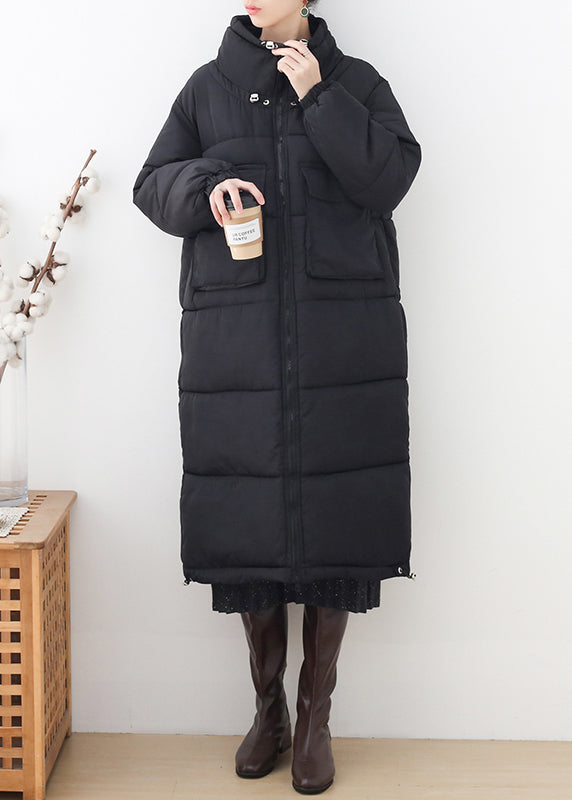 Plus Size Schwarzer Stehkragen Reißverschluss Dicker Langer Parka