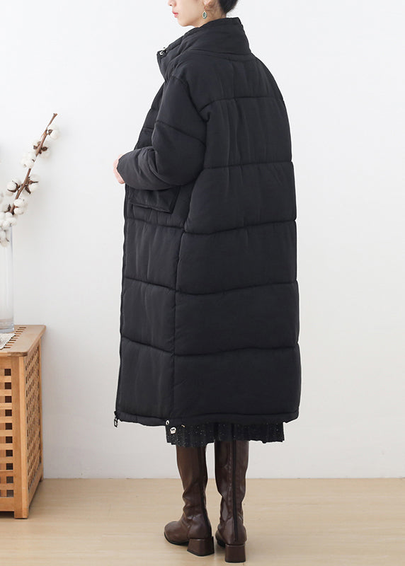 Plus Size Schwarzer Stehkragen Reißverschluss Dicker Langer Parka