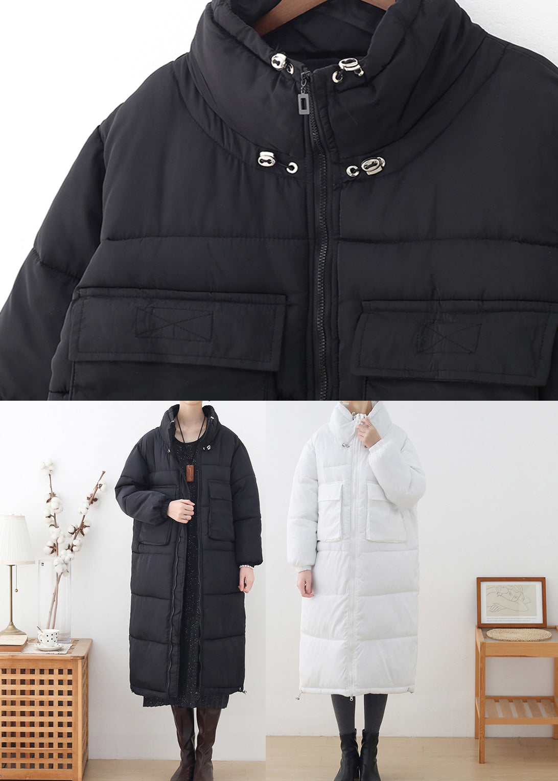 Plus Size Schwarzer Stehkragen Reißverschluss Dicker Langer Parka