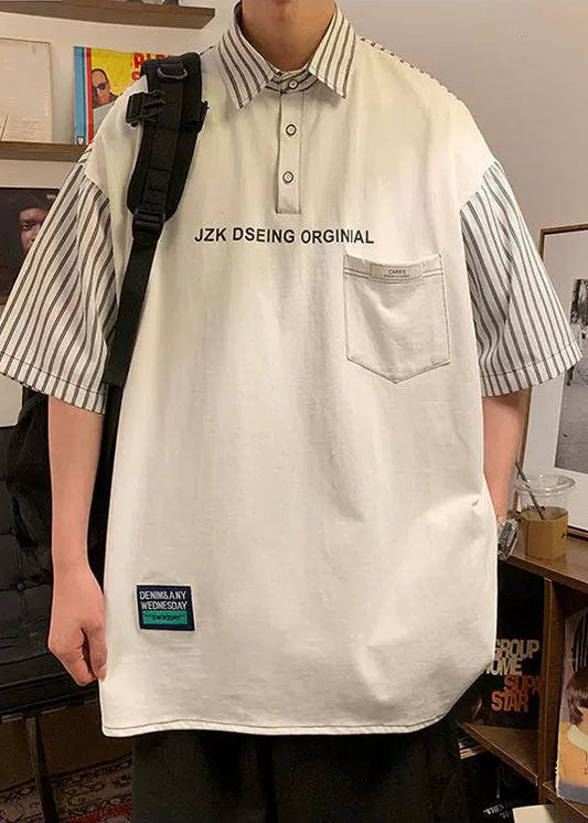 Plus Size Black Striped Patchwork Cotton Men Polo Shirts Summer