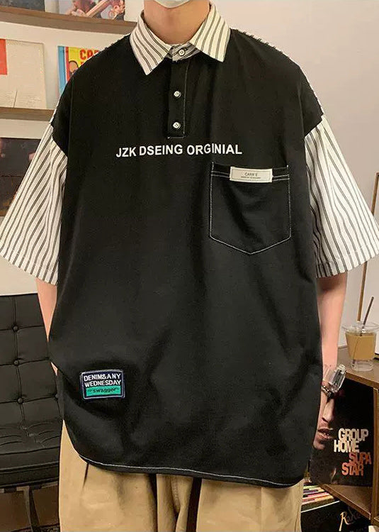 Plus Size Black Striped Patchwork Cotton Men Polo Shirts Summer