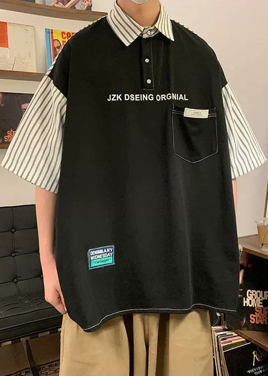 Plus Size Black Striped Patchwork Cotton Men Polo Shirts Summer