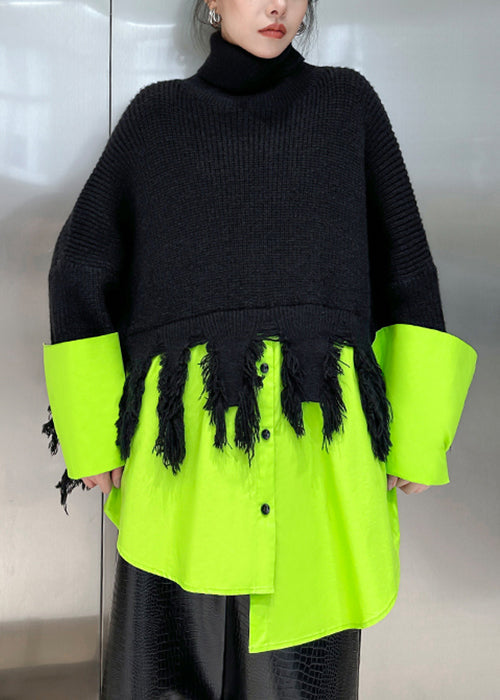Plus Size Black Turtleneck Asymmetrical Patchwork Knit Sweater Winter