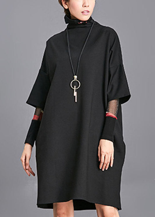 Plus Size Black Turtleneck Pockets Fall Half Sleeve Maxi Dress