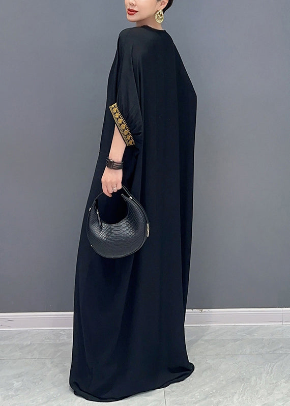 Plus Size Black V Neck Embroidered Cotton Maxi Dress Batwing Sleeve