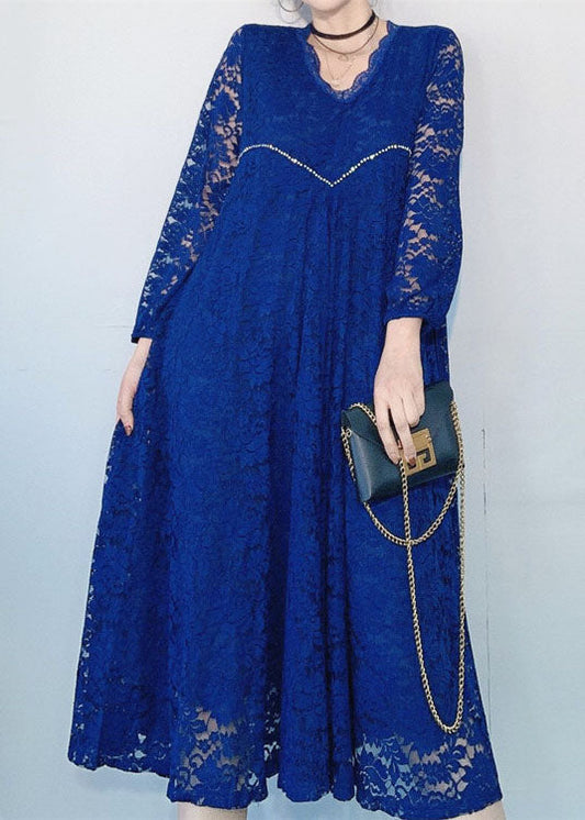 Plus Size Schwarz V-Ausschnitt Aushöhlen Spitzenkleider Frühling