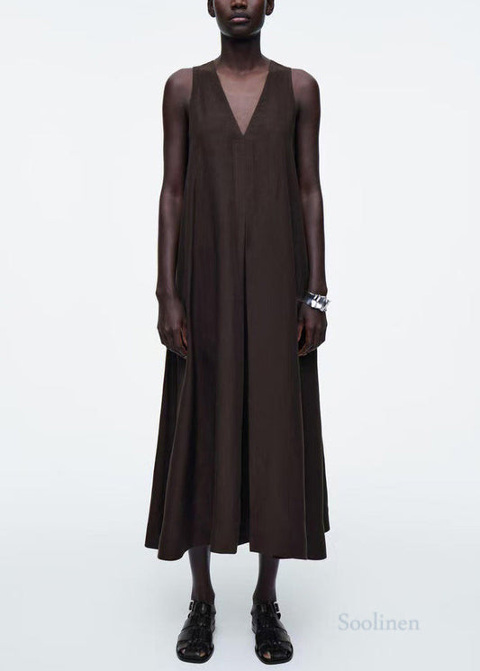 Plus Size Black V Neck Linen Maxi Dresses Sleeveless