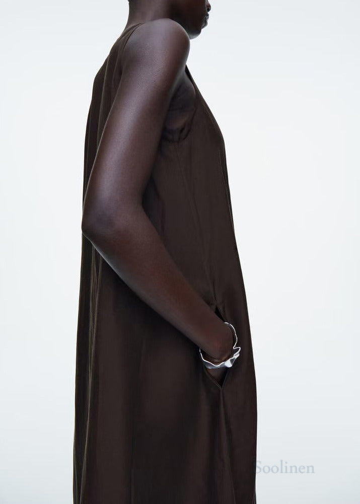 Plus Size Black V Neck Linen Maxi Dresses Sleeveless