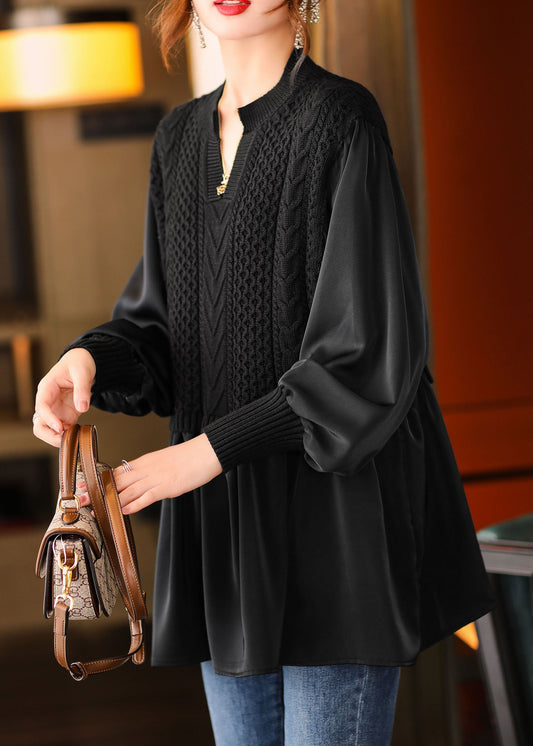 Plus Size Schwarzes V-Ausschnitt-Strickhemd für den Winter
