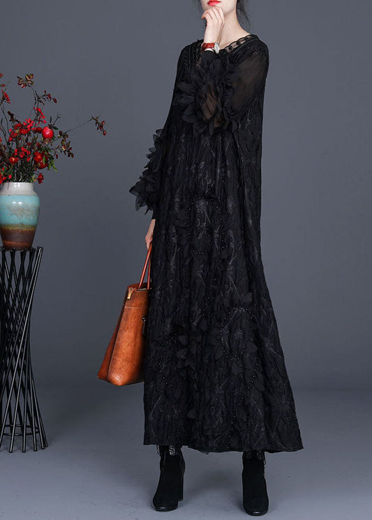 Plus Size Schwarzes V-Ausschnitt Faltennagelperlen Herbst Lange Kleider