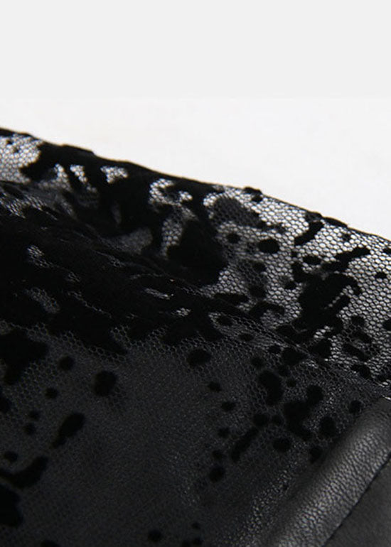 Plus Größe Schwarz elastische taille spitze Patchwork Kunstleder Rock Frühling