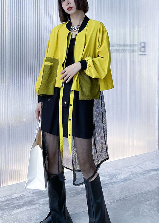 Plus Size Schwarzer Trenchcoat mit Reißverschlusstaschen aus Tüll-Patchwork