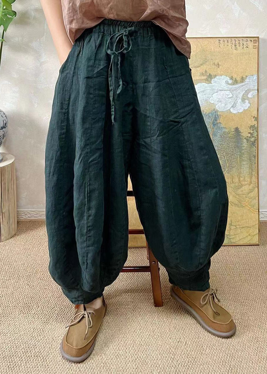 Plus Size Schwarzgrüne elastische Taille Leinenlaternenhose Sommer