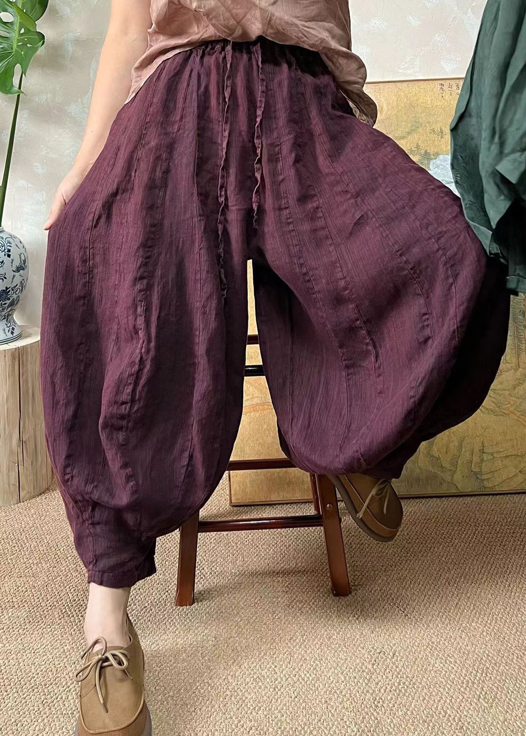 Plus Size Schwarzgrüne elastische Taille Leinenlaternenhose Sommer
