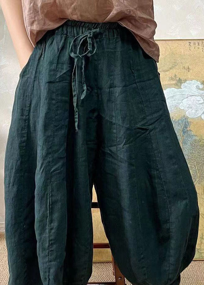 Plus Size Schwarzgrüne elastische Taille Leinenlaternenhose Sommer
