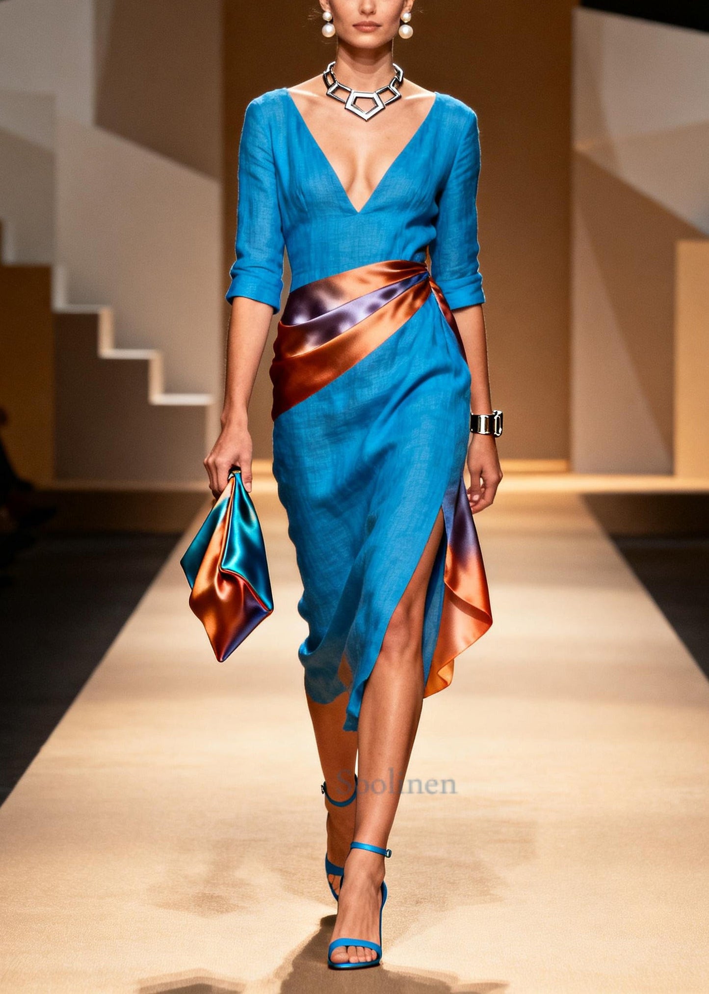 Plus Size Blue Asymmetrical Patchwork Linen Silk Maxi Dresses Summer