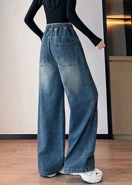 Plus Size blaue Jeans mit Taschen und elastischem Bund für den Frühling