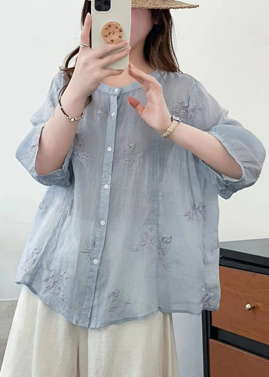 Plus Size Blue O-Neck Embroidered Linen Shirts Summer