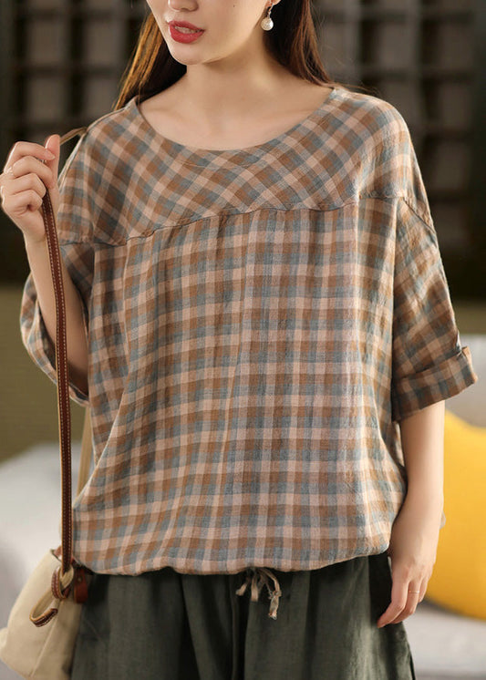 Plus Size Blue O Neck Plaid Patchwork Linen Top Summer