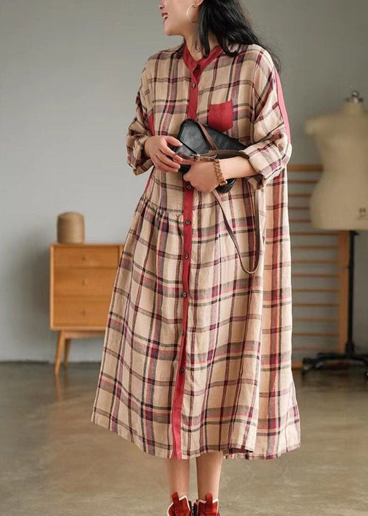 Plus Size Blau O-Ausschnitt Plaid Patchwork Hemdkleid Frühling