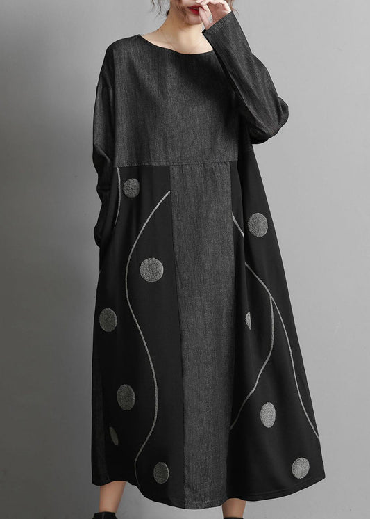 Plus Size Blau O-Ausschnitt Denim Patchwork Kleider Frühling