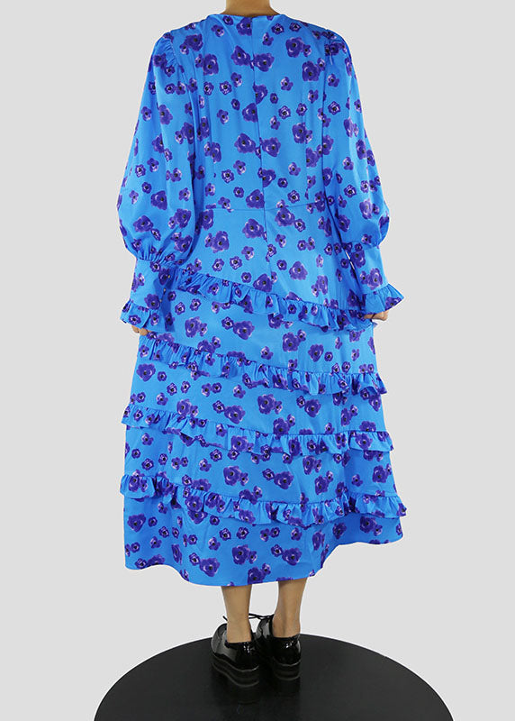 Plus Size Blaues O-Ausschnitt-Kleid mit Taillenbund und Rüschendruck