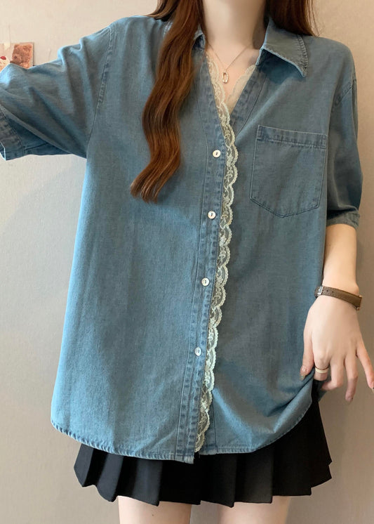 Plus Size Blue Oversized Lace Patchwork Denim Shirts Summer
