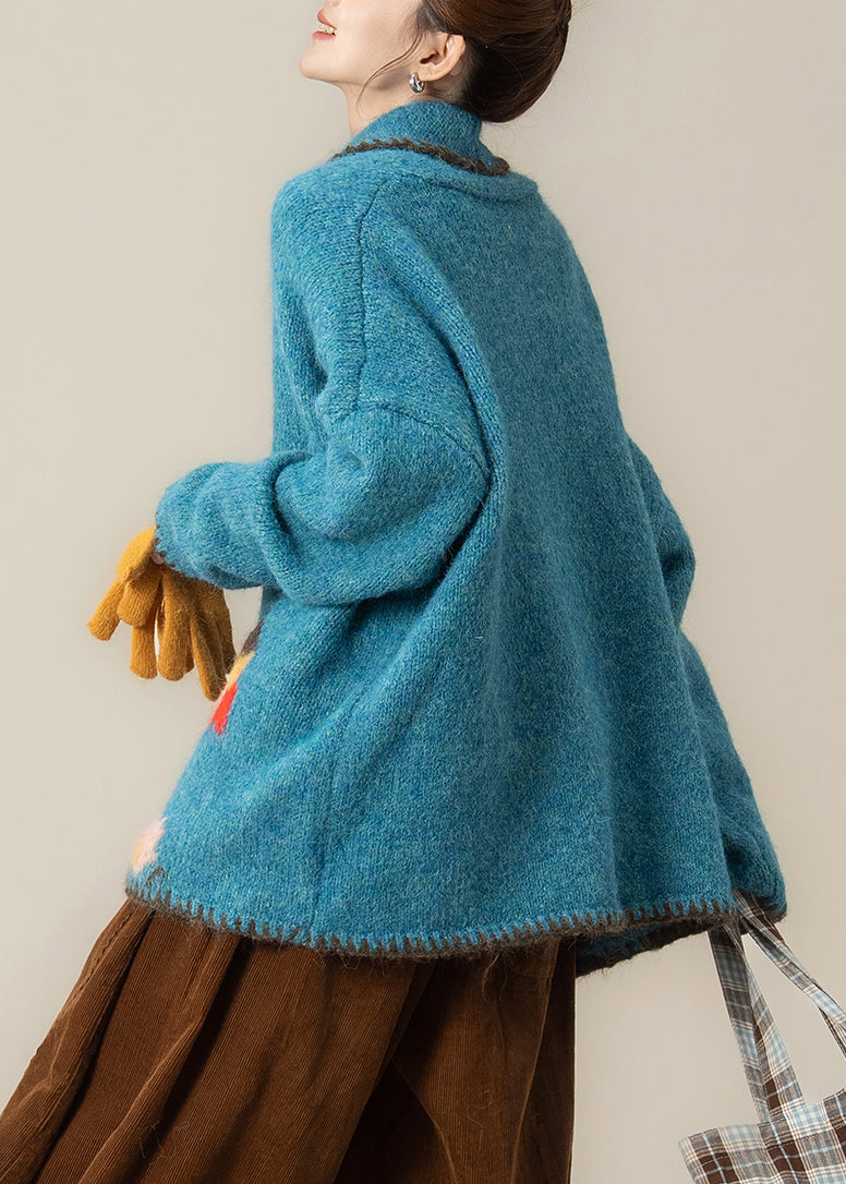 Plus Size Blaue Oversize-Strickjacke mit Print, locker geschnitten, Winter