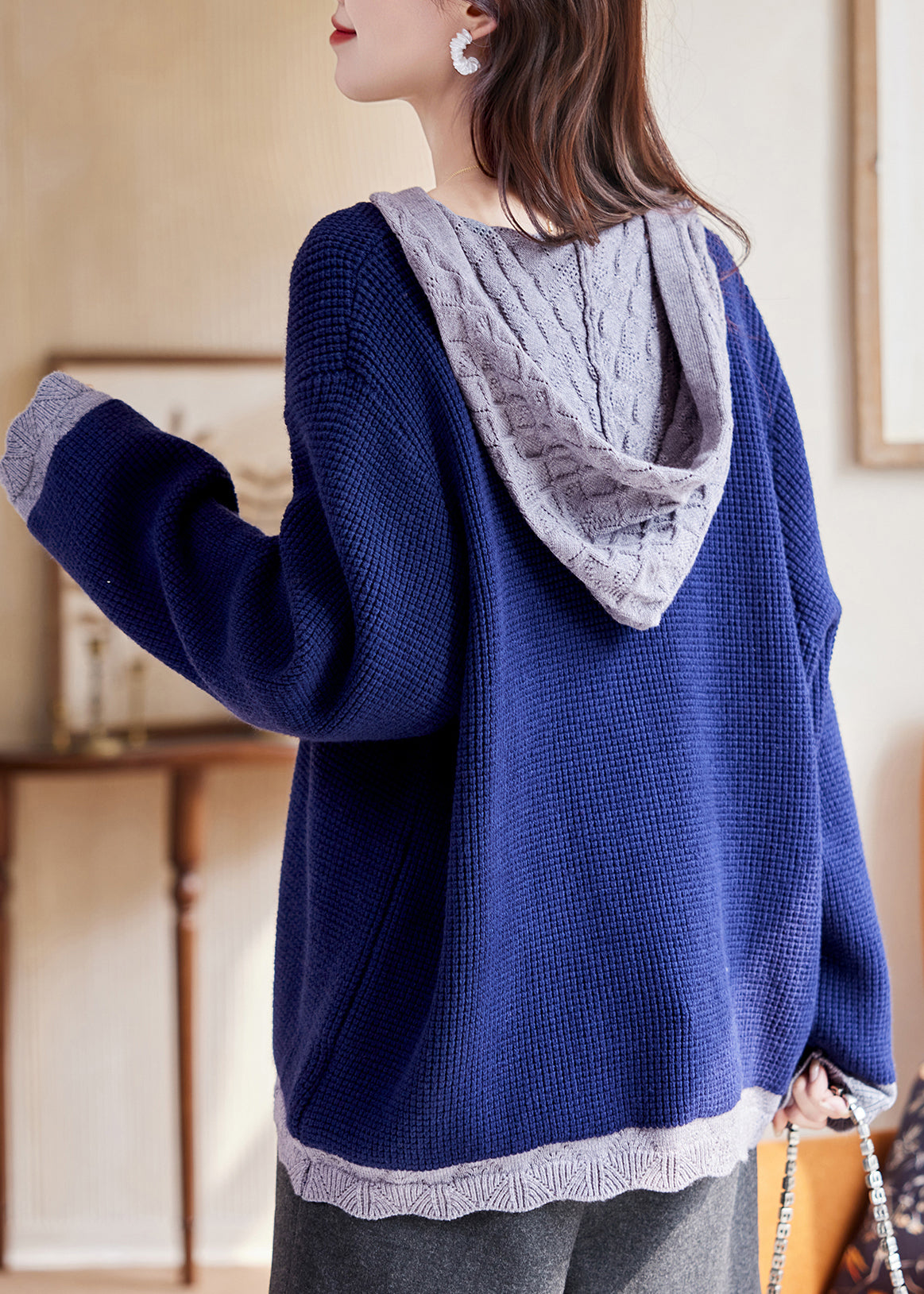 Plus Size Blue Patchwork Button Cotton Hooded Knit Cardigan Fall