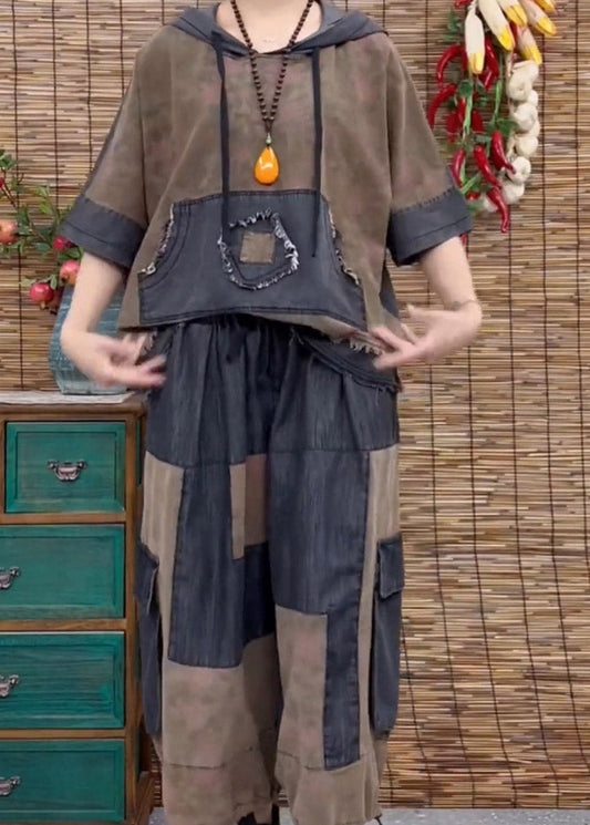 Conjunto de dos piezas de top con capucha y pantalones anchos de talla grande con parches azules para verano