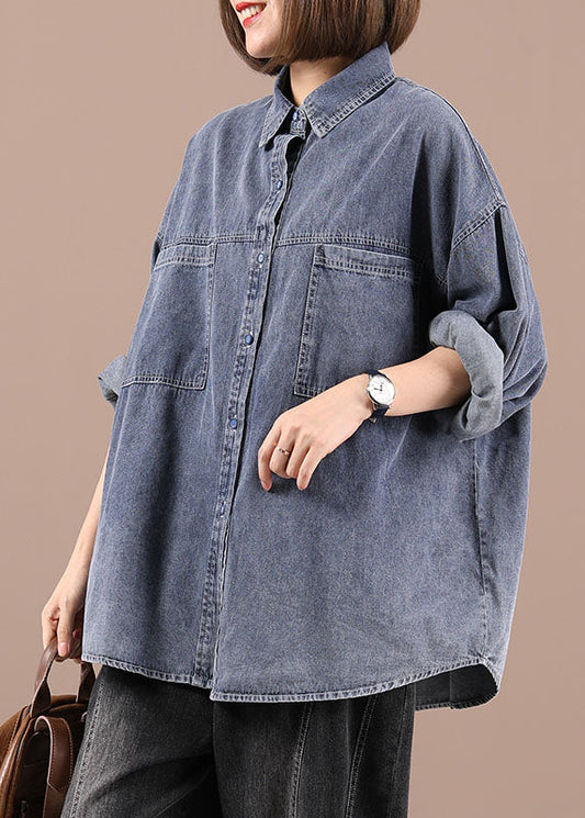 Plus Size Blue PeterPan Collar Pockets Button Fall Coat Long Sleeve