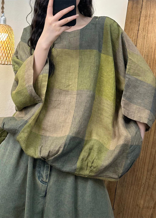 Plus Size Blau kariertes Baumwolltop mit Rundhalsausschnitt und Fledermausärmeln