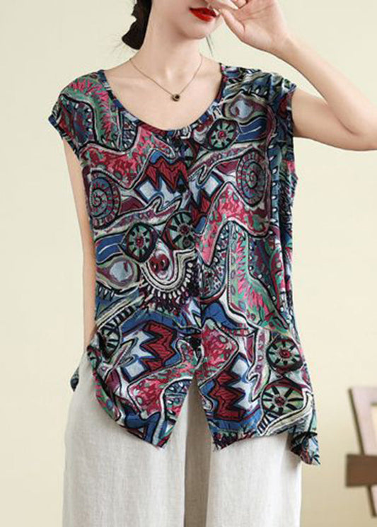 Plus Size Blue Print Casual Tops Summer