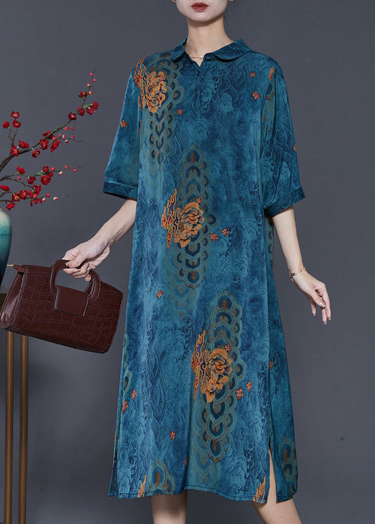 Plus Size Blaues Print-Seidenkleid mit seitlicher Öffnung in A-Linie für den Sommer