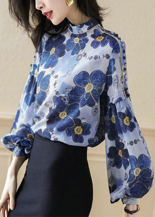 Plus Size Blaues Stehkragen-Knopfdruck-Seidenhemd Top Frühling