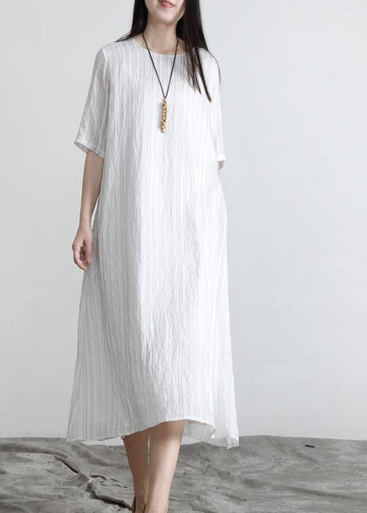 Plus Size Blue Striped Pockets Robe Summer Cotton Dress - SooLinen