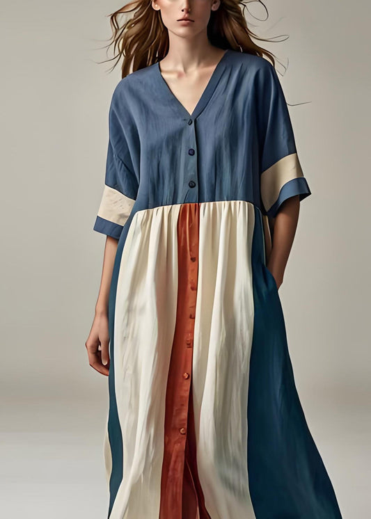 Plus Size Blau V-Ausschnitt Knopf Patchwork Baumwolle Kleider Sommer
