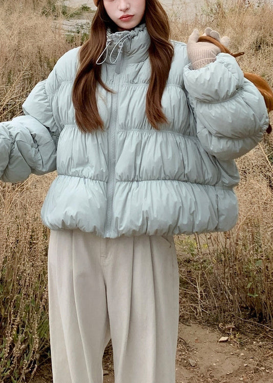 Abrigo acolchado de plumón de pato con cordón y arrugas azules de talla grande para invierno