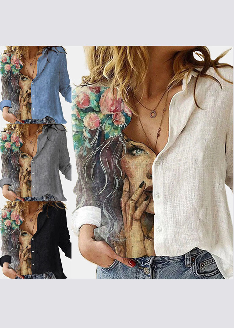 Plus Size Blauer Knopf Peter Pan Kragen Leinenhemden Langarm