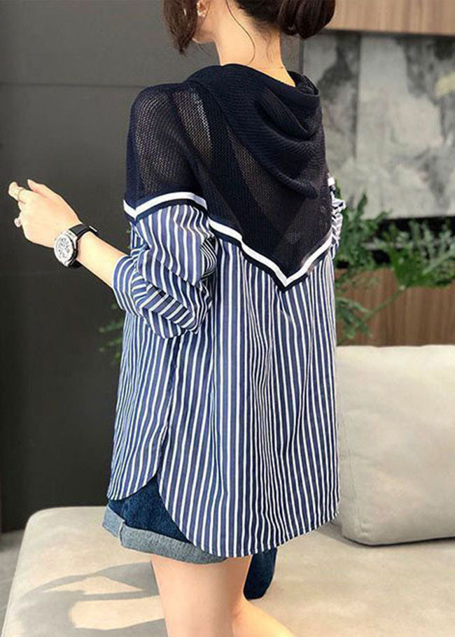 Blusa de punto con capucha y cordón azul de talla grande, con rayas y patchwork, para primavera