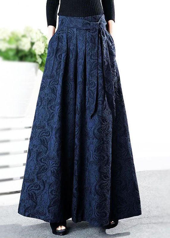 Plus Size Blaue Jacquard-Leinenhose mit Bindegürtel für den Winter